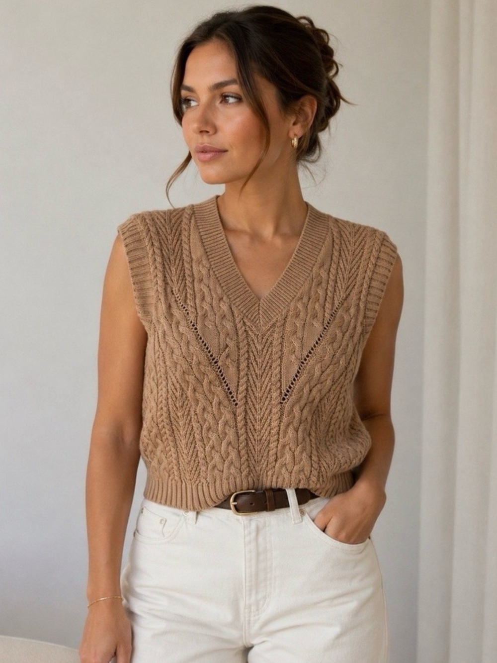 MNG Sleeveless Cable Knit V-Neck Sweater Vest in Camel